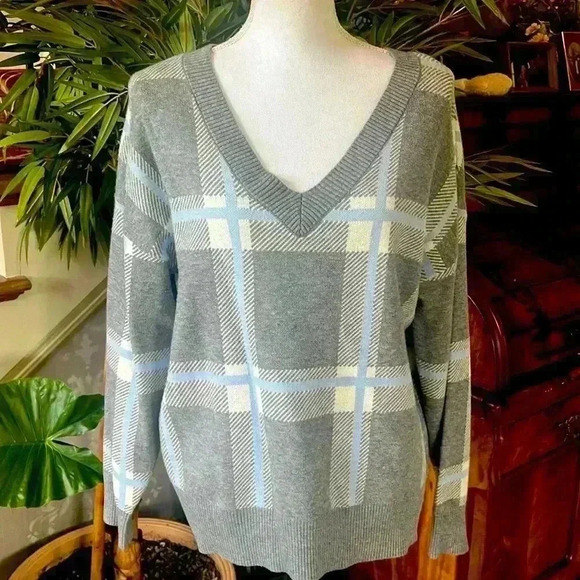 Max Studio NWOT. Never worn super soft. Large. V neck plaid print gray blues - Picture 2 of 11